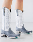 Washed Denim Matte White Snip Toe Western Boot