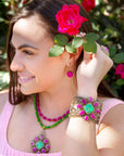 Madeira Lime and Pink Agate Statement Golden Cuff Bracelet