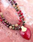 Jeweled Multi-Color Tiger's Eye and Rasberry Quartz Pendant Golden Necklace