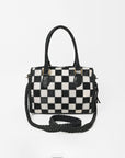 American Darling Hair-On Hide Satchel Bag for Women, Checkered Leather Handbag with Braided Crossbody Strap Black & White