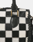 American Darling Hair-On Hide Satchel Bag for Women, Checkered Leather Handbag with Braided Crossbody Strap Black & White