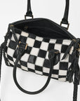 American Darling Hair-On Hide Satchel Bag for Women, Checkered Leather Handbag with Braided Crossbody Strap Black & White