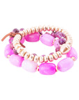 Peony Fuchsia Pink Jade Golden Stretch Bracelet Set