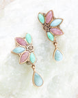 Pink Rhodonite Blue Amazonite and Varacite Petals Golden Clip Earrings