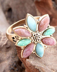 Pink Rhodonite Blue Amazonite and Green Varacite Petals Golden Statement Ring