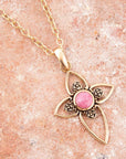 Pink Rhodonite Golden Cross Pendant Necklace