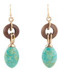 Precious Green Turquoise and Wood Golden Bronze Drop Earrings