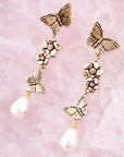 Rhodonite and White Pearl Golden Butterflies Post Drop Earrings