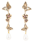 Rhodonite and White Pearl Golden Butterflies Post Drop Earrings