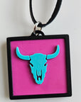 3D Print Picture Necklace on Deerskin Leather Western Bull Skull Desert Cactus Made in America
