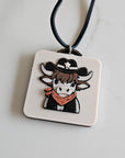 3D Print Cowboy Highland Cow Picture Necklace, Keychain or Purse Charm on Suede Leather Western Made in America