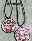 3d Western Cowgirl Cowboy Highland Cow Theme - Necklace, Purse Charm, Earrings, Keychain, Magnet