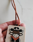 3D Print Cowboy Highland Cow Picture Necklace, Keychain or Purse Charm on Suede Leather Western Made in America