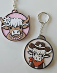 3d Western Cowgirl Cowboy Highland Cow Theme - Necklace, Purse Charm, Earrings, Keychain, Magnet