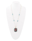 Scenic Red Florals Blue Apatite Golden Pendant Necklace