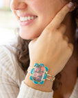 Scenic Red Floral Blue Apatite Golden Cuff Bracelet