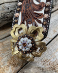 Medium Oil Copper Dot Bronc Noseband with Gold Lotus Flowers / Copper Topaz, AB, Peal European Crystal Conchos