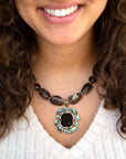 Tribecca Blue Abalone and Black Smoky Quartz Golden Statement Necklace