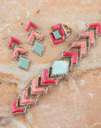 Green Turquoise and Coral Tapestry Golden Link Bracelet