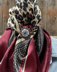35X35" Wine Leopard Wild Rag / Scarf WRC397A -Copper Amethyst, Aqua & Clear Slide