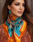 Square 35x35 Orange And Turquoise Paisley Horse Shoe Wild Rag Scarf