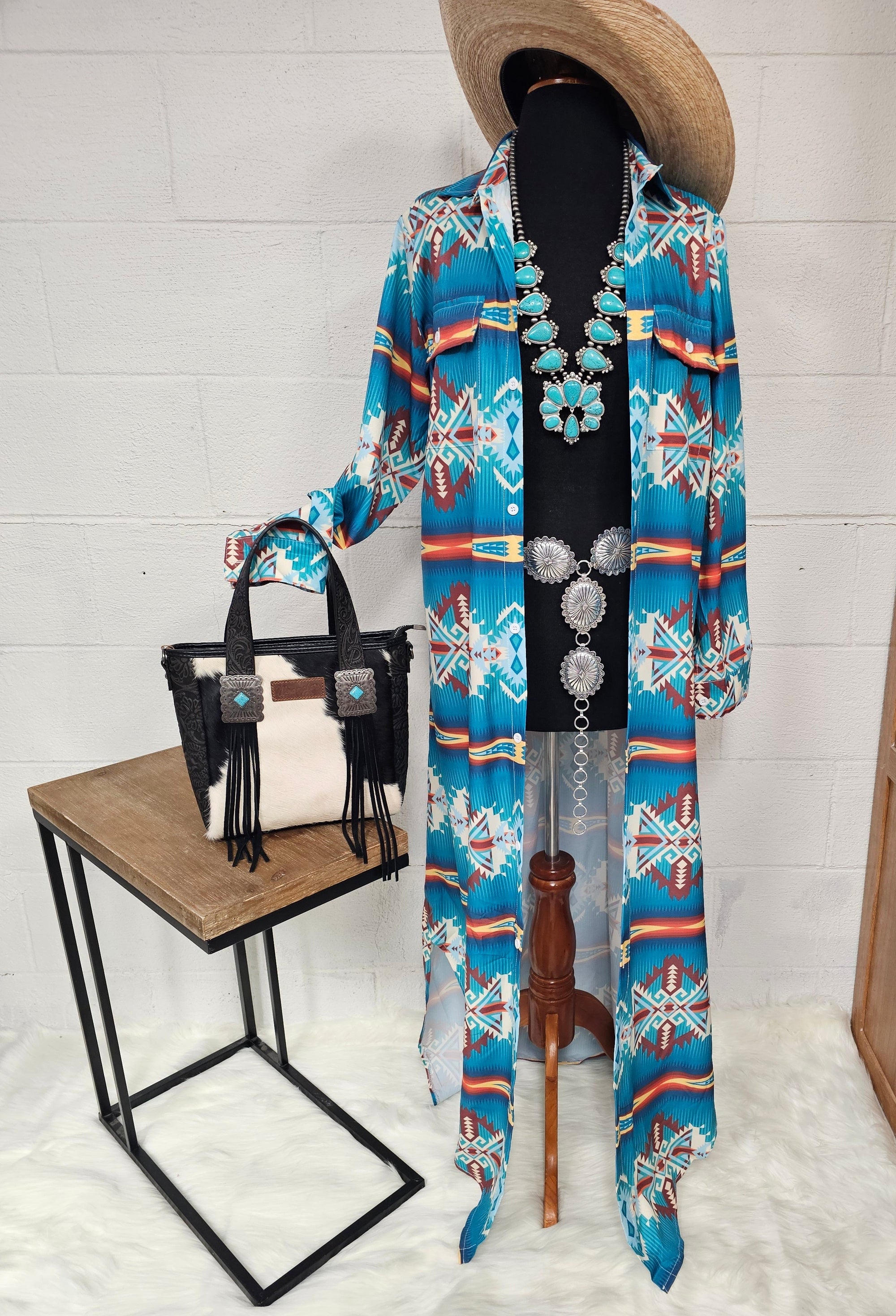 Shirt Dresses - Baha Ranch Teal Aztec long shirt dress duster full length