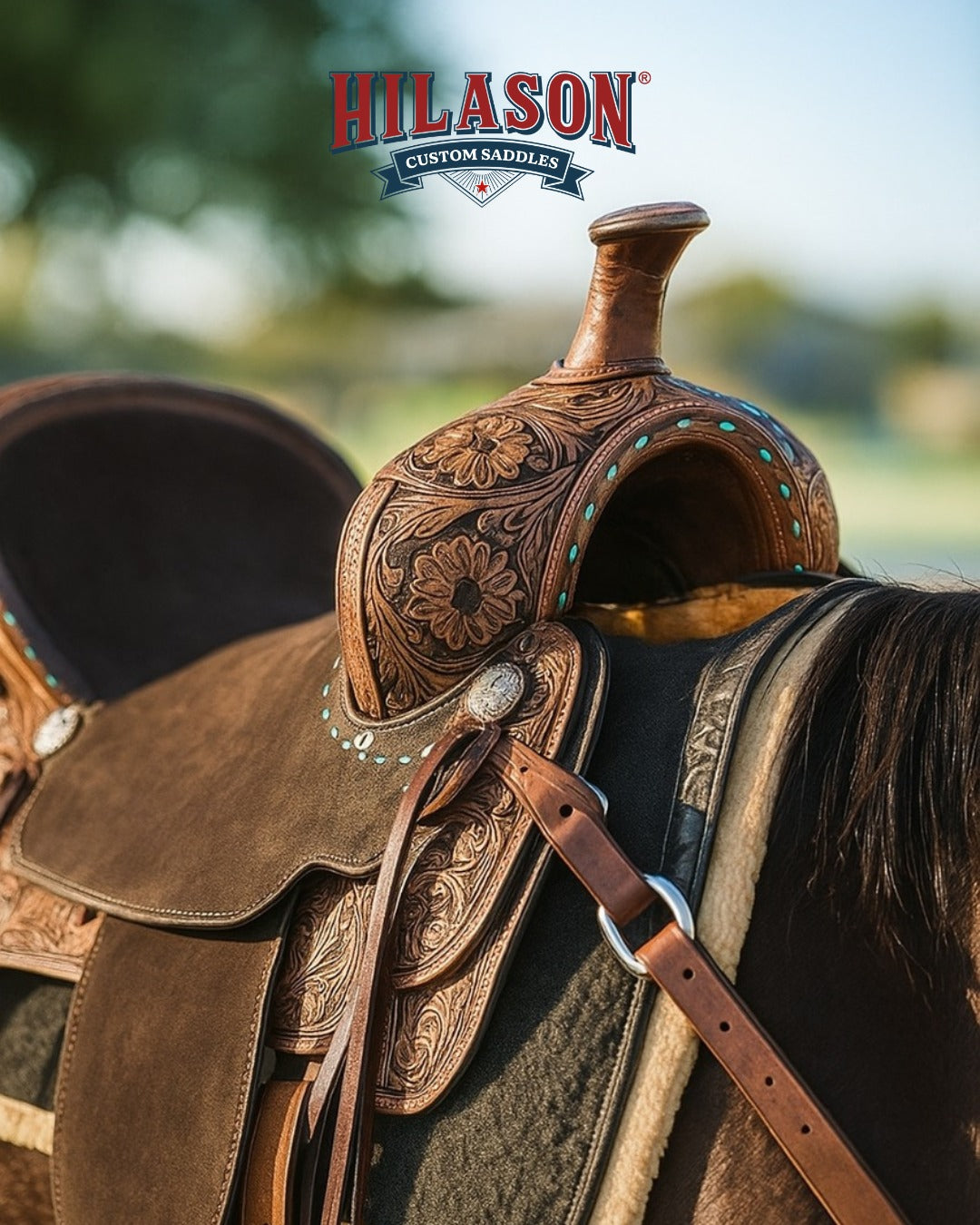 Hilason custom tooled western saddle on horse, outdoor lifestyle