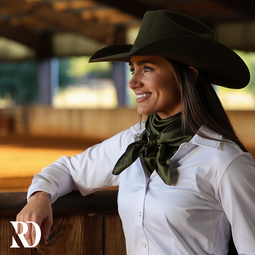 Model wearing olive wild rag western silk scarf