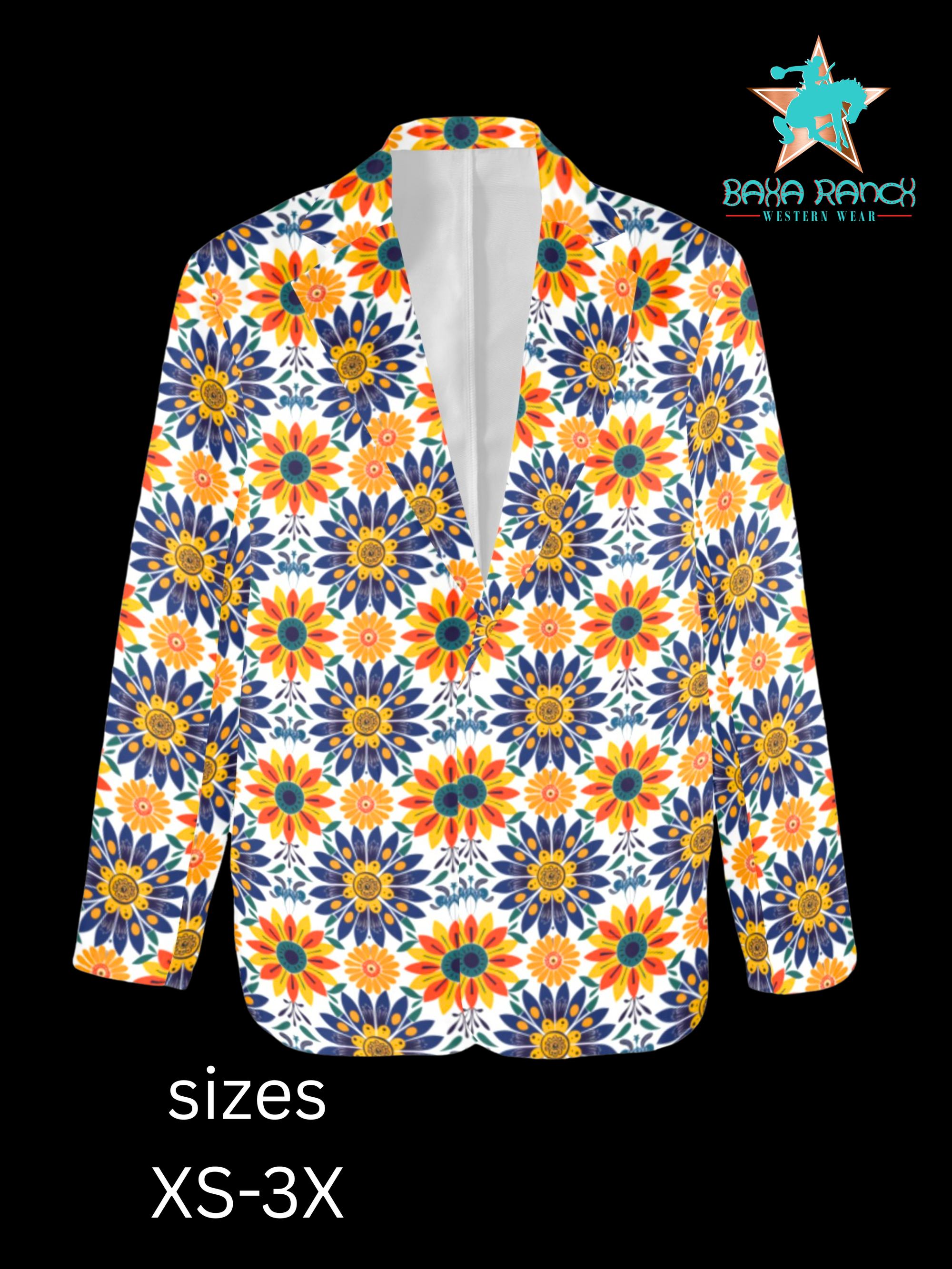 Baha Ranch Colores de Mexico Blue Yellow Floral Blazer — Women's Coats & Blazers