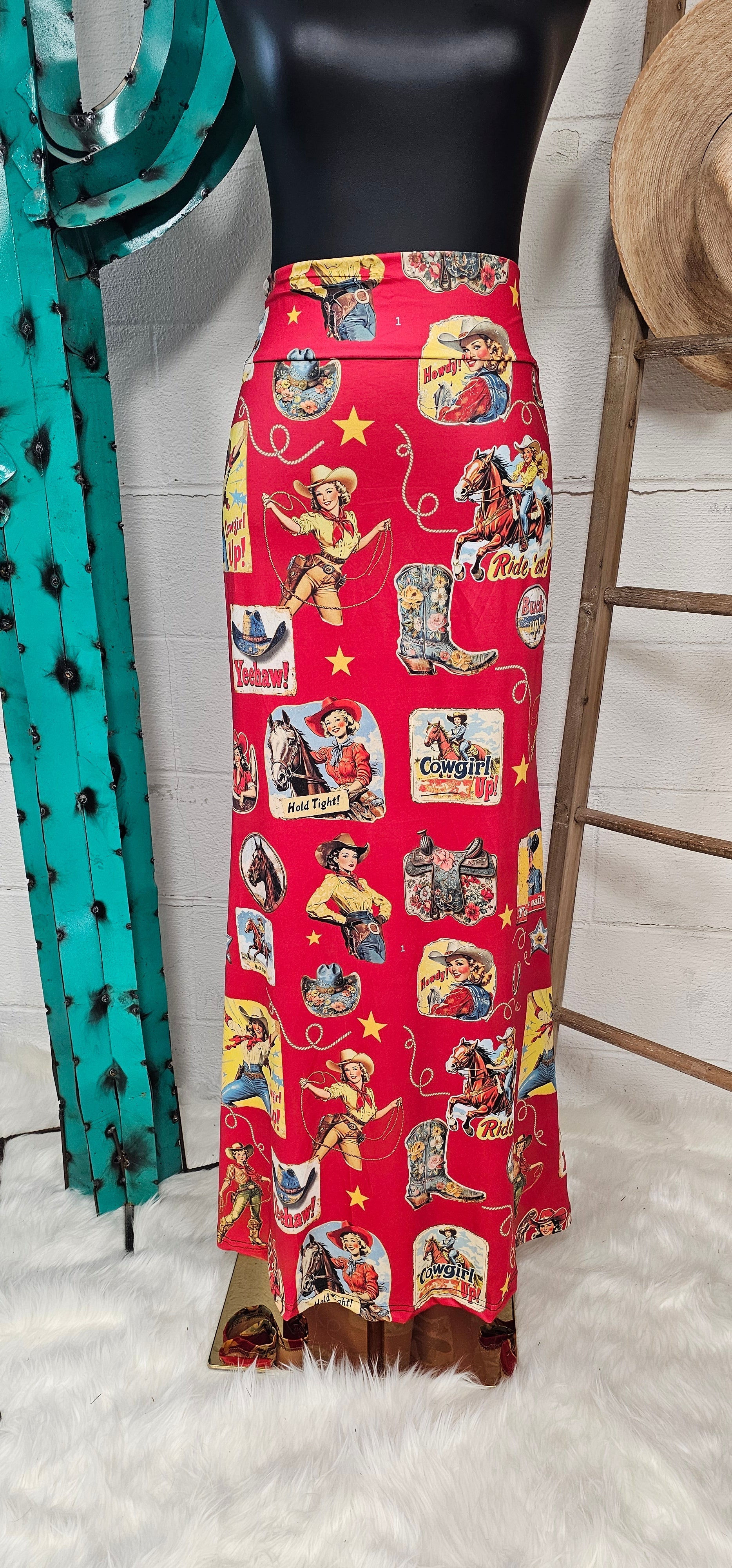 Baha Ranch Vintage Cowgirl Collage Western Maxi Skirt — Skirts