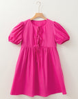 Solid Puff Sleeve Bow Tie Front Mini Dress