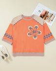 Plus Size Plaid Flower Patchwork 3/4 Sleeve Top