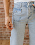 Stripe Denim Button Flap Pocket Cuffed Hem Jeans