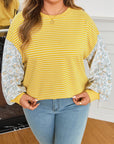 Plus Size Stripe Floral Patchwork Long Sleeve Top
