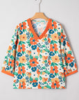 Floral Frilled V-Neck 3/4 Sleeve Blouse