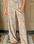 Leopard Drawstring Elastic Waist Straight Leg Pants
