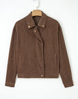 Solid Corduroy Lapel Collar Zip-Up Buttoned Jacket