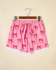 Bow Stripe Patchwork Elastic Waist Lace Trim Shorts