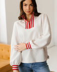 Contrast Stripe Zipped Collar Knit Pullover Top