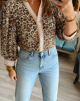 Leopard Contrast Stripe Buttoned V-Neck Shirt