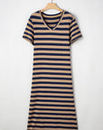 Stripe V-Neck Side Slit Maxi Dress
