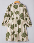 Angie Floral Striped Piping Puff Sleeve Dress