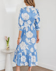 Floral Button-Front 3/4 Sleeve Ruffle Hem Dress