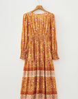 Boho Floral Smocked Waist Long Sleeve Maxi Dress