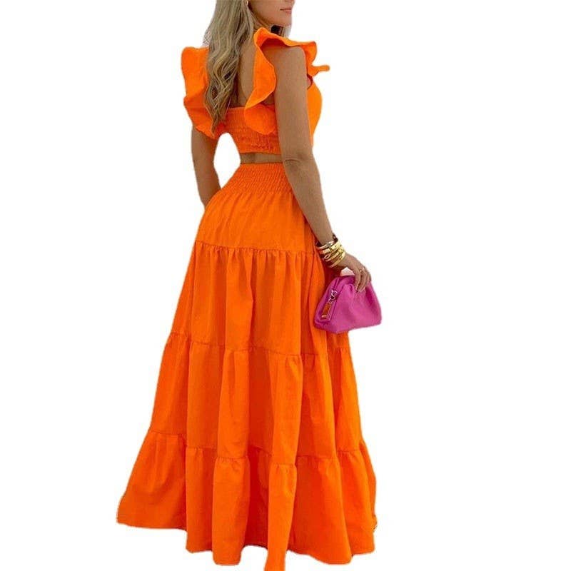 Solid Color Strappy Top Flared Skirt Set