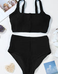 Colorblock Corded Top & High Waist Bikini Set