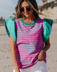 Adrianna Stripe Ruffled Sleeve Crew Neck Blouse