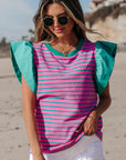 Stripe Colorblock Ruffle Sleeve Crewneck Blouse