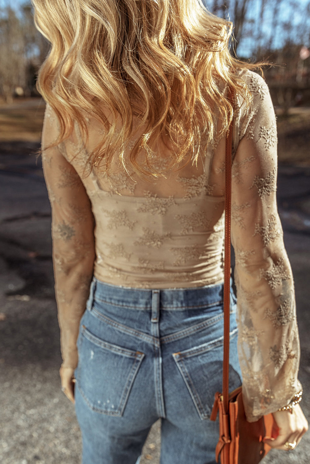 Lace Mesh Crochet Long Sleeve Blouse