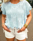 Pointelle Knit Scallop Trim Short Sleeve Sweater